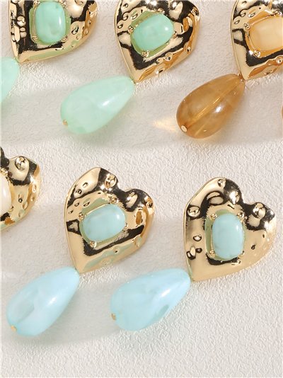 Pendientes corazón martelé con lágrima de resina 2