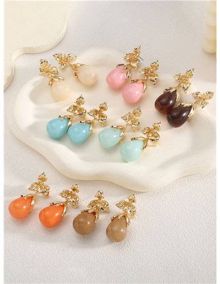 Pendientes flor dorada con gota de resina