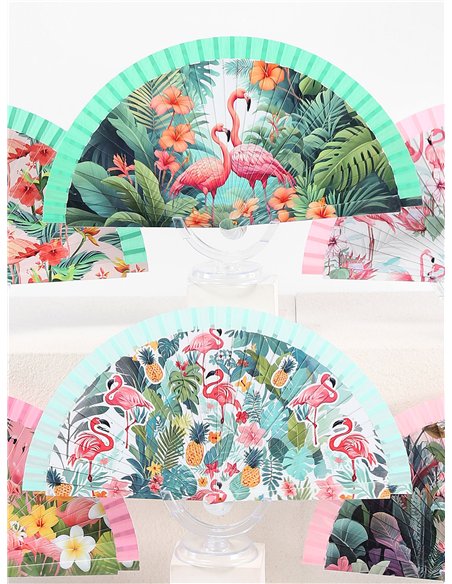 éventail à motif flamant rose tropical