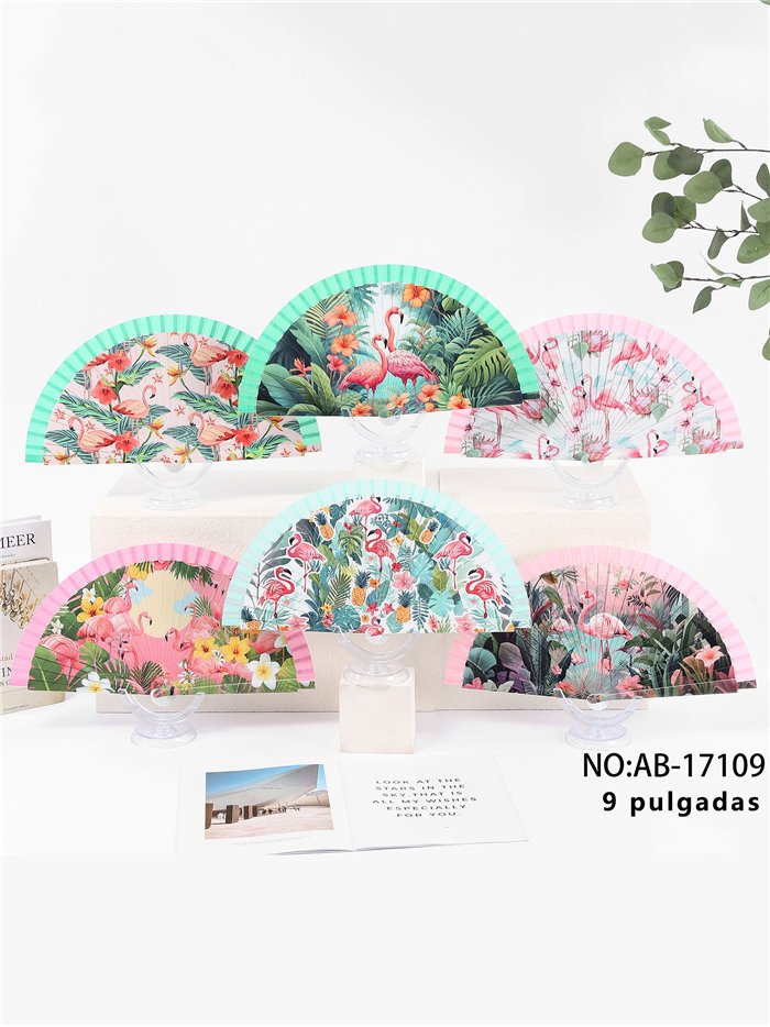 éventail à motif flamant rose tropical