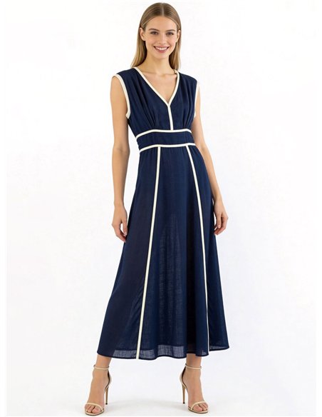 Vestido largo efecto lino con vivo en contraste