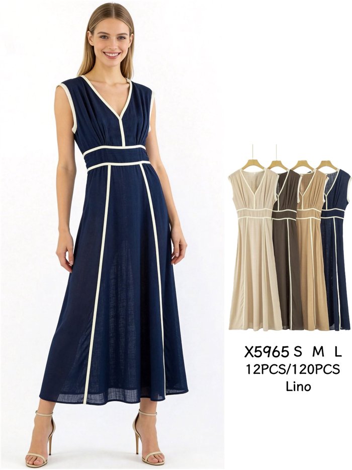 Vestido largo efecto lino con vivo en contraste