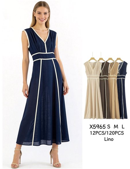 Vestido largo efecto lino con vivo en contraste