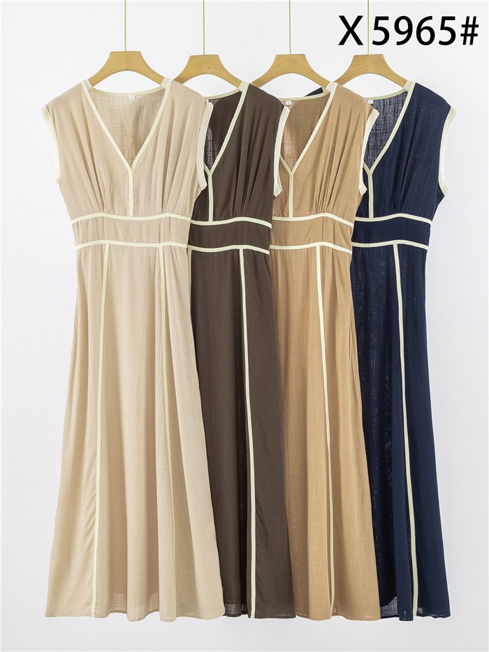 Vestido largo efecto lino con vivo en contraste