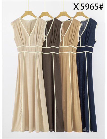 Vestido largo efecto lino con vivo en contraste