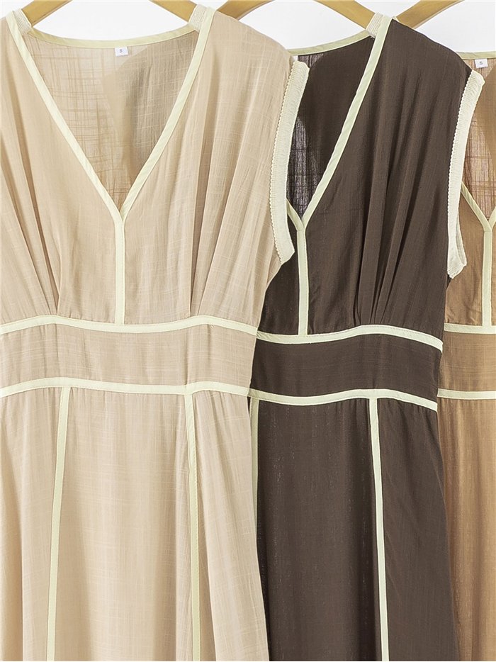 Vestido largo efecto lino con vivo en contraste