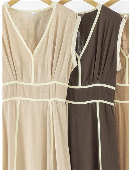 Vestido largo efecto lino con vivo en contraste