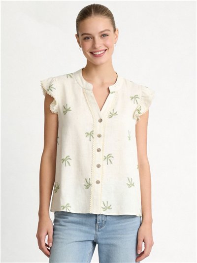 Blusa bordada con palmeras y volante