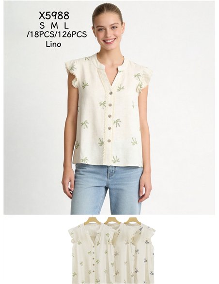 Blusa bordada con palmeras y volante