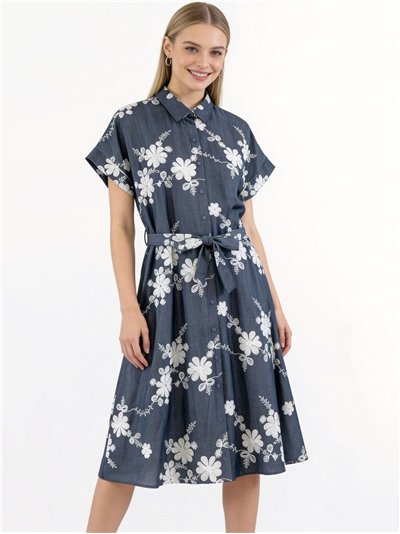 Vestido camisero bordado floral con cinturón