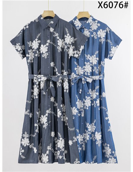 Vestido camisero bordado floral con cinturón