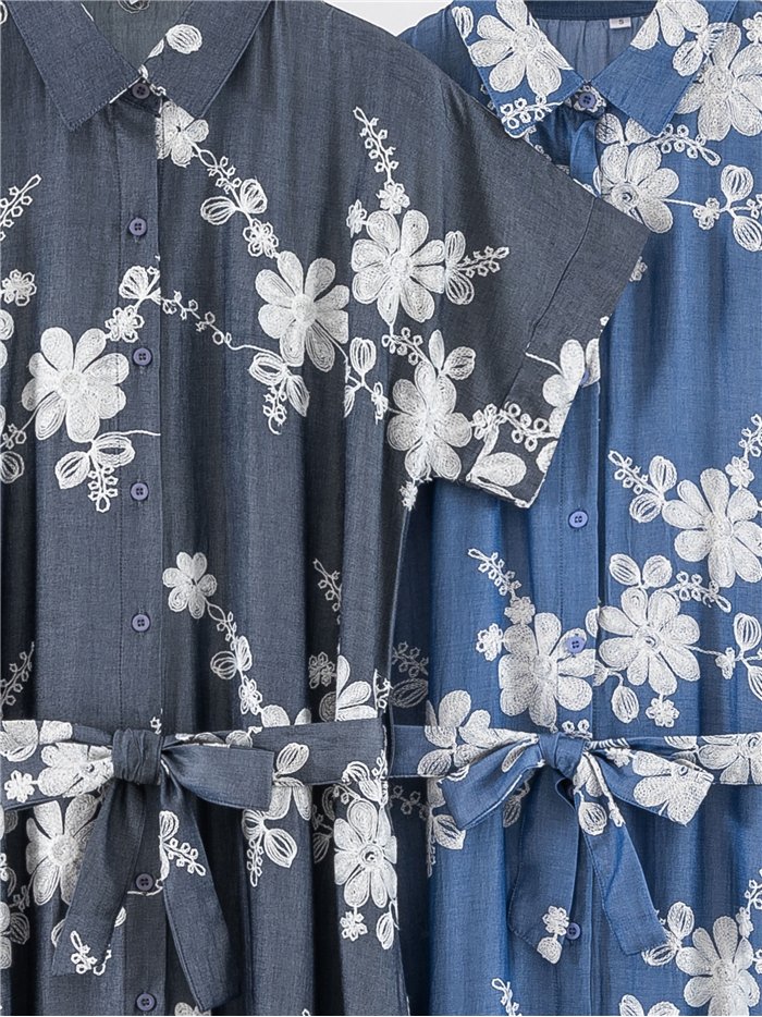 Vestido camisero bordado floral con cinturón