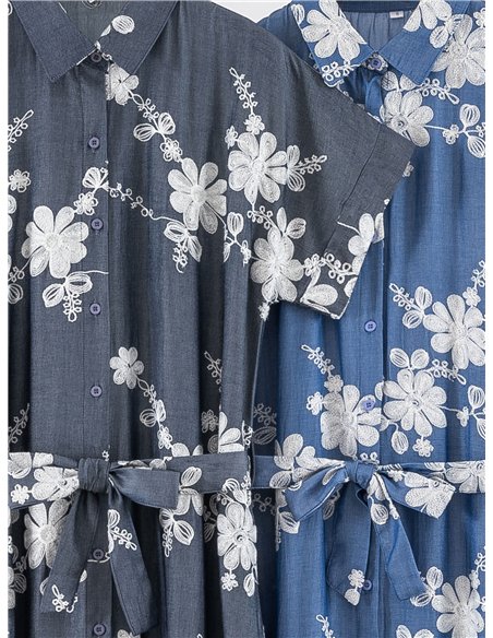 Vestido camisero bordado floral con cinturón