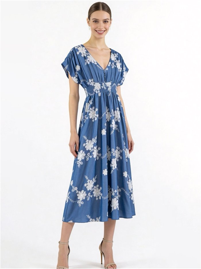 Vestido midi bordado floral con cintura fruncida
