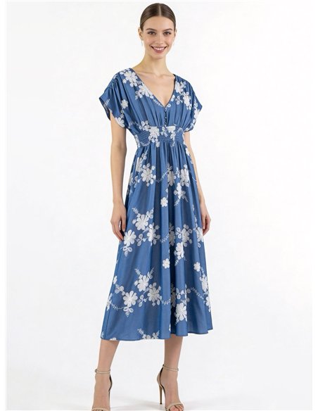 Vestido midi bordado floral con cintura fruncida