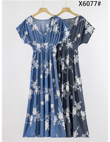 Vestido midi bordado floral con cintura fruncida