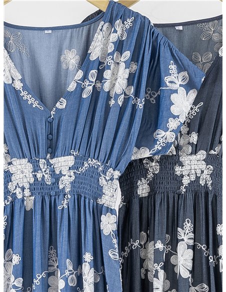 Vestido midi bordado floral con cintura fruncida