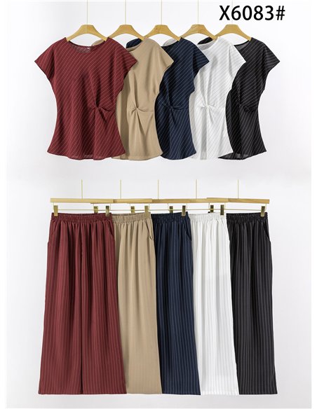 Conjunto de rayas blusa drapeado y pantalón wide-leg