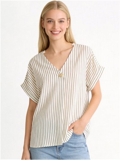 Gestreifte Bluse in Übergröße mit Schmuckknopf