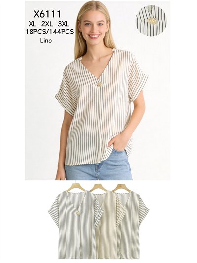 Gestreifte Bluse in Übergröße mit Schmuckknopf 2