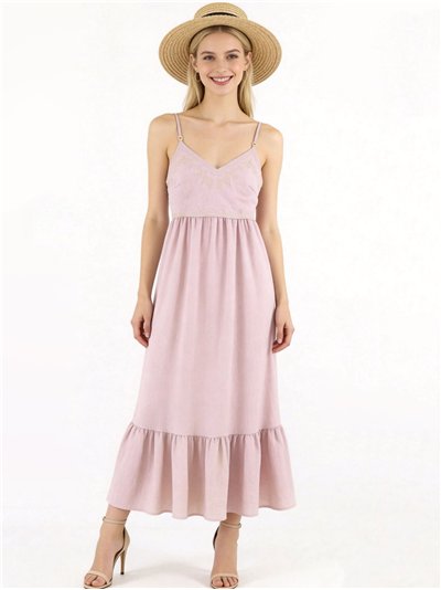 Vestido largo de tirantes con escote bordado