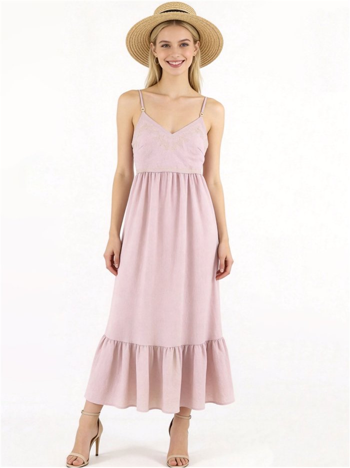Vestido largo de tirantes con escote bordado