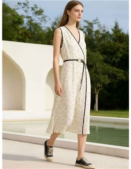 Vestido midi cruzado de lunares con cinturón