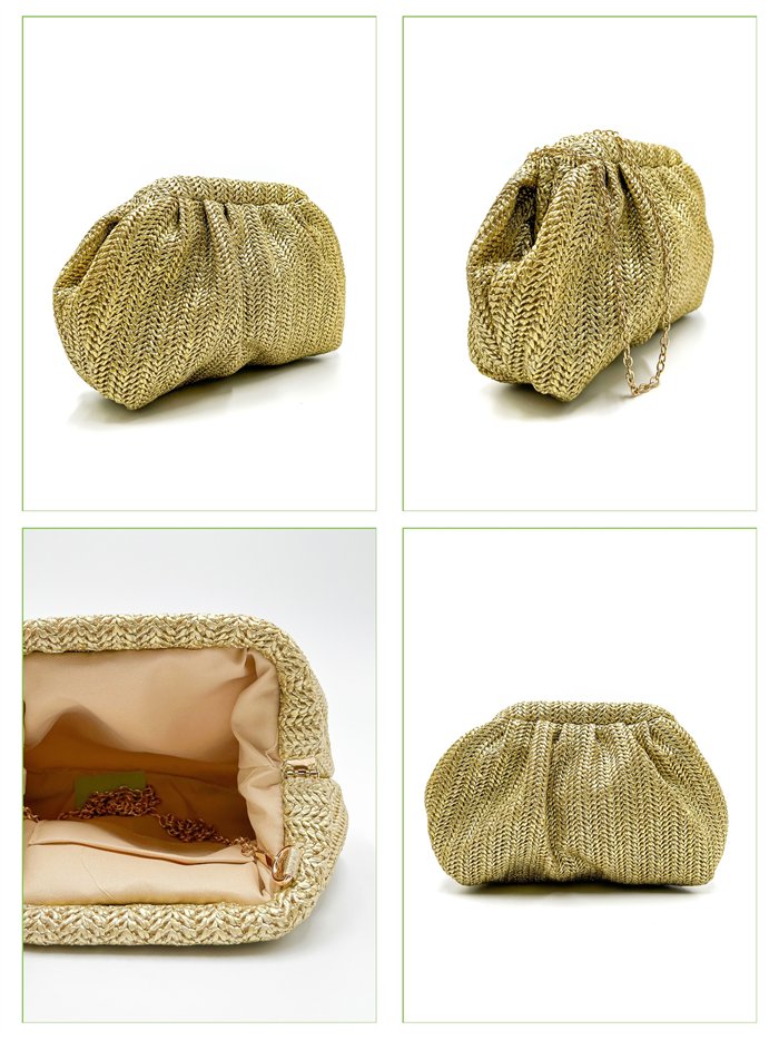 Clutch de festa com babados em ráfia metálica