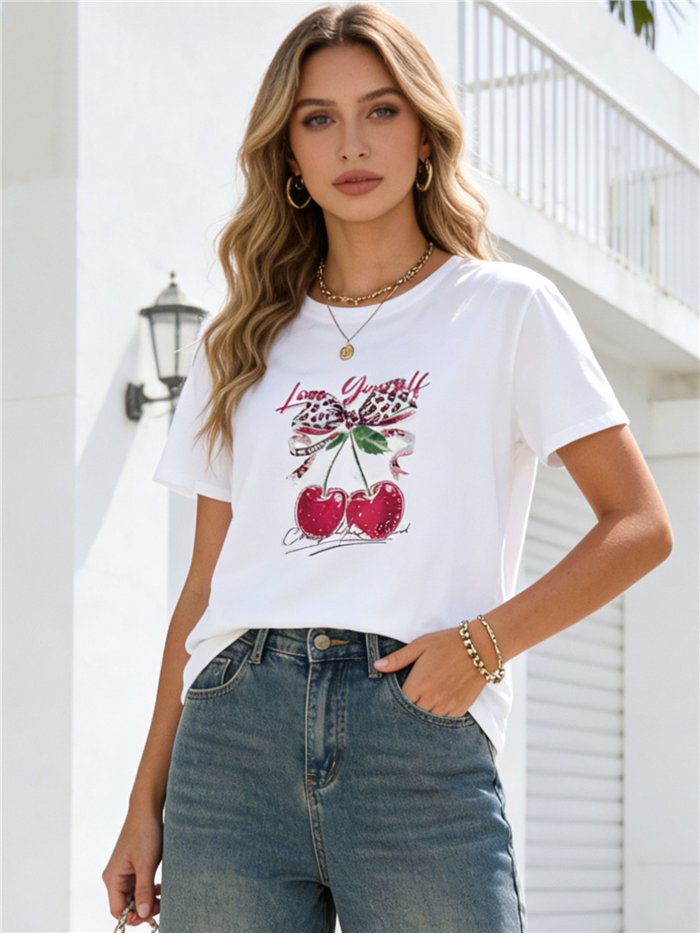 Camiseta amplia estampada cerezas y lazo