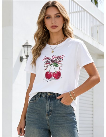 Camiseta amplia estampada cerezas y lazo