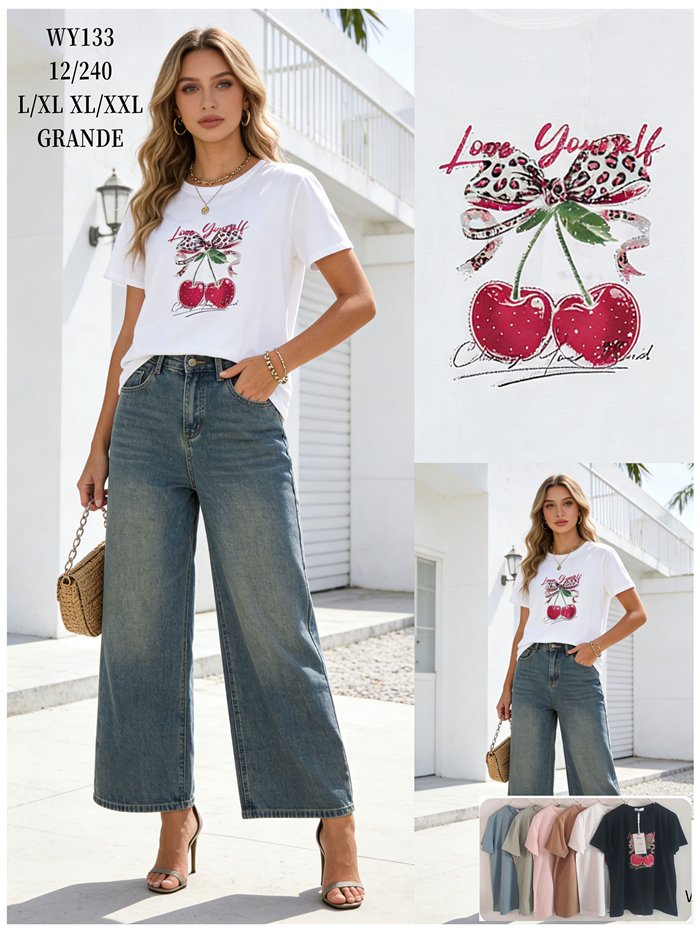 Camiseta amplia estampada cerezas y lazo