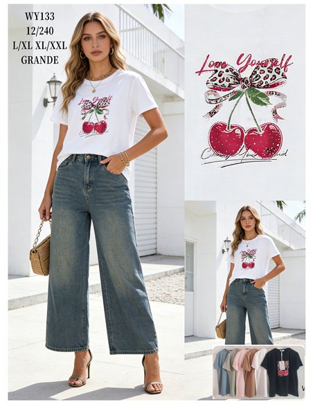 Camiseta amplia estampada cerezas y lazo