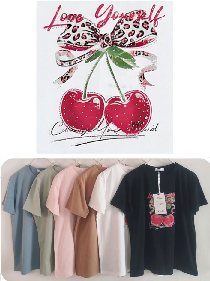 Camiseta amplia estampada cerezas y lazo