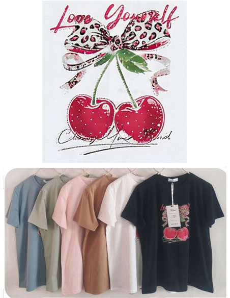 Camiseta amplia estampada cerezas y lazo