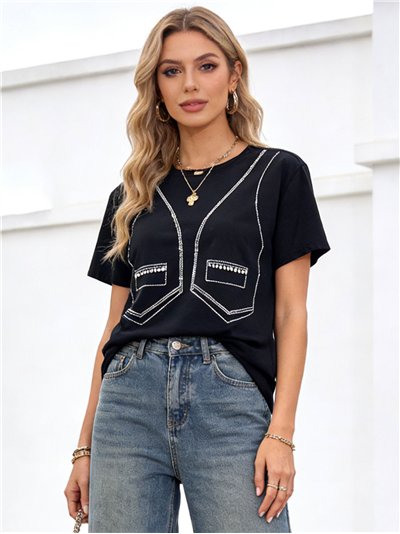 Camiseta amplia efecto chaleco con strass