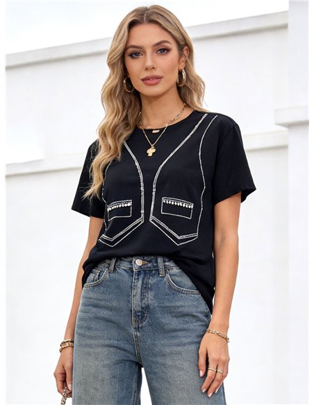 Camiseta amplia efecto chaleco con strass