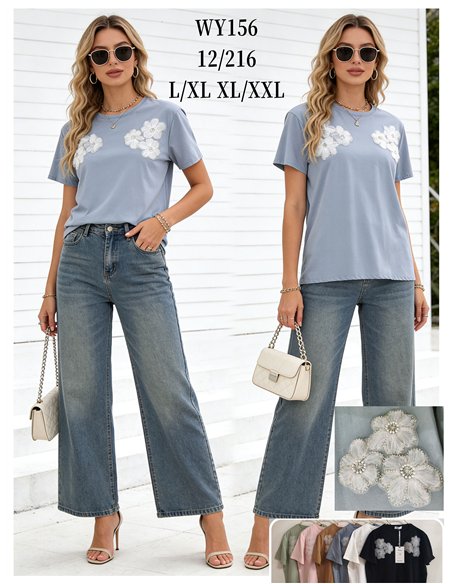 Camiseta amplia flores 3d bordadas