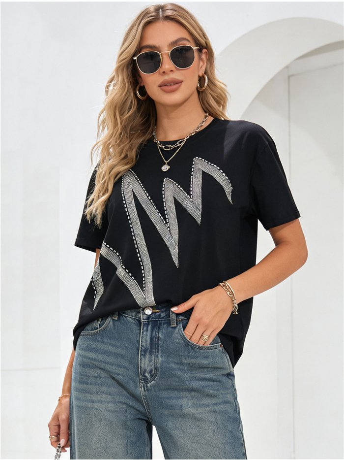 T-shirt oversize con maxi fulmine di strass