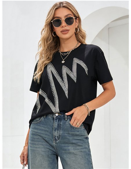 T-shirt oversize con maxi fulmine di strass