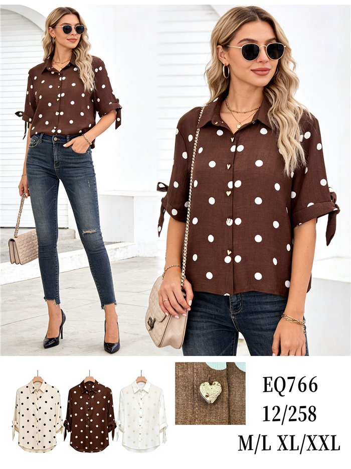 Polka dot tie-sleeve shirt