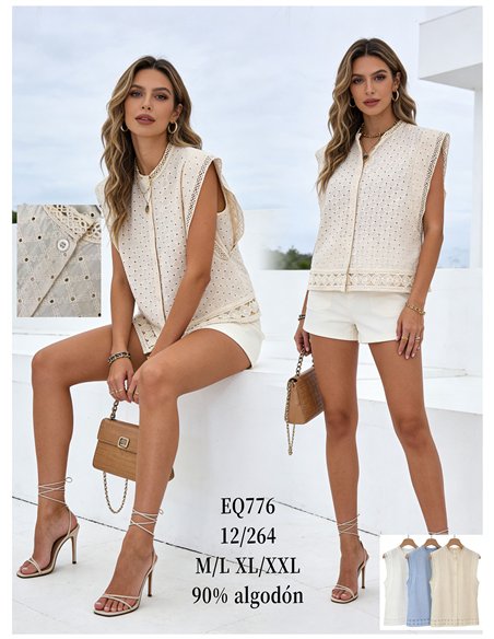 Ärmellose, durchbrochene Baumwollbluse