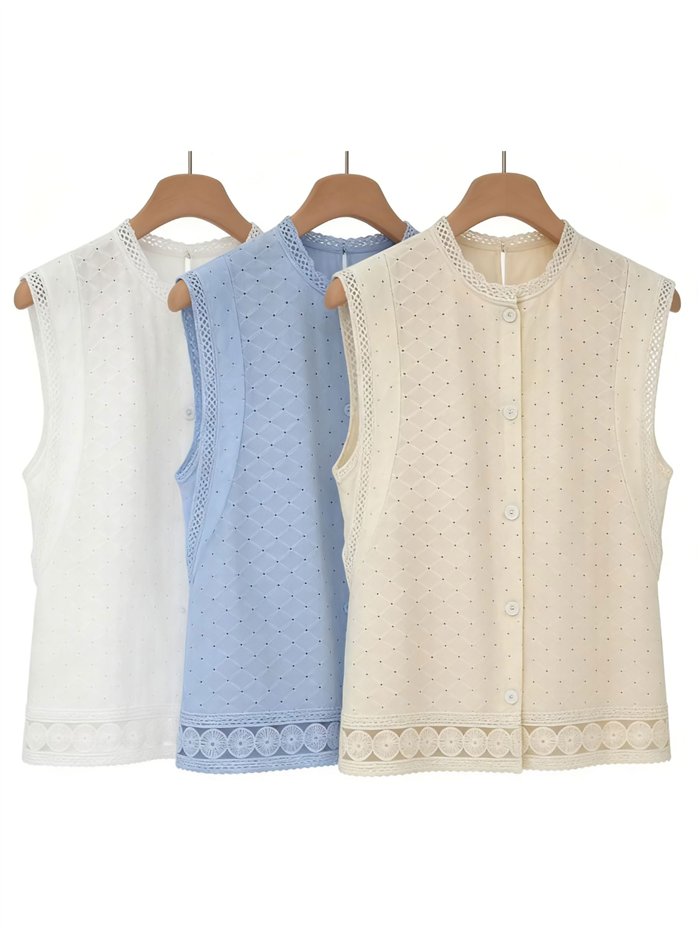 Ärmellose, durchbrochene Baumwollbluse