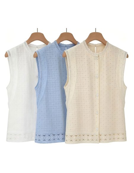Ärmellose, durchbrochene Baumwollbluse