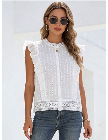 Blusa bordada sem mangas com babado de algodão