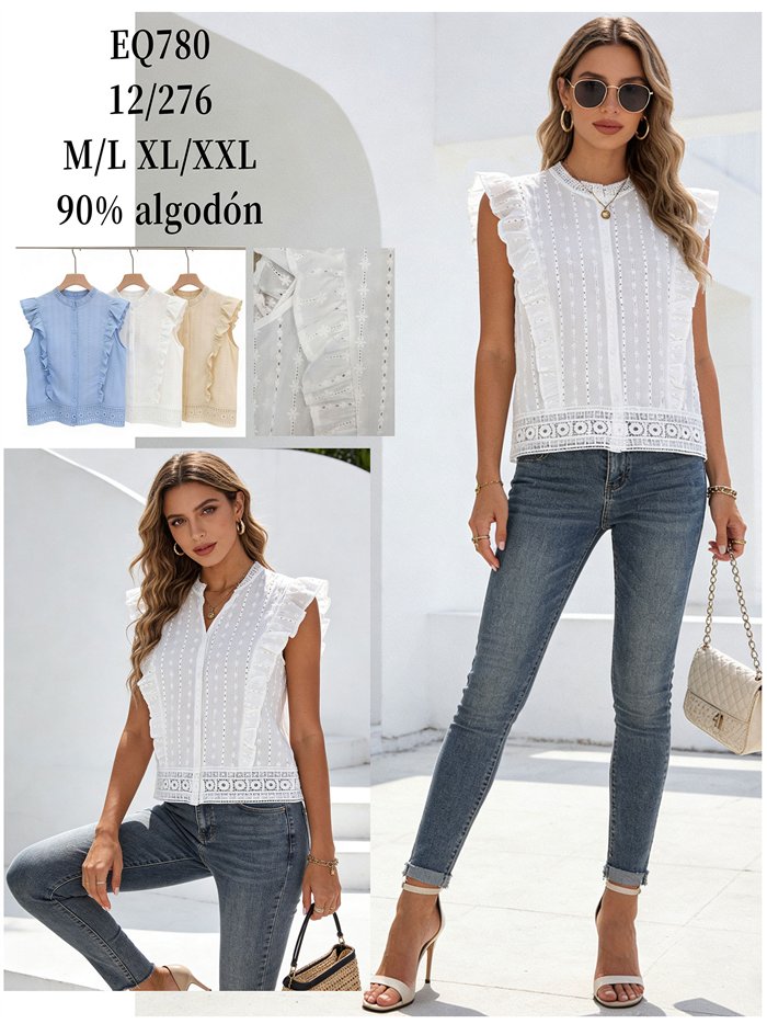 Blusa bordada sem mangas com babado de algodão