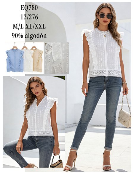 Blusa bordada sem mangas com babado de algodão