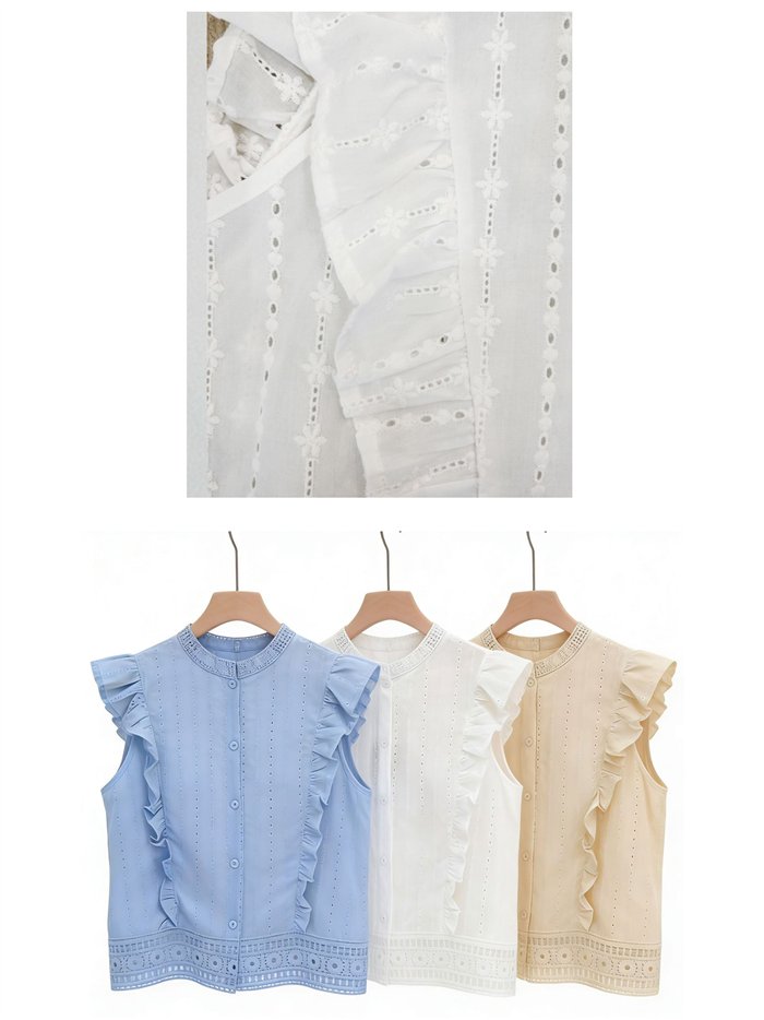 Blusa bordada sem mangas com babado de algodão