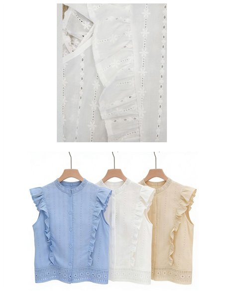 Blusa bordada sem mangas com babado de algodão