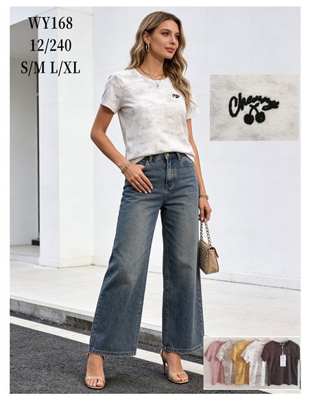 Camiseta efecto lavado con bordado de cerezas