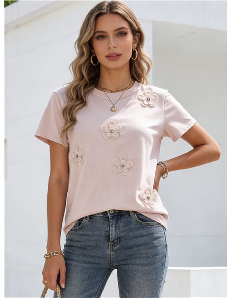 T-shirt con fiori applicati in 3D